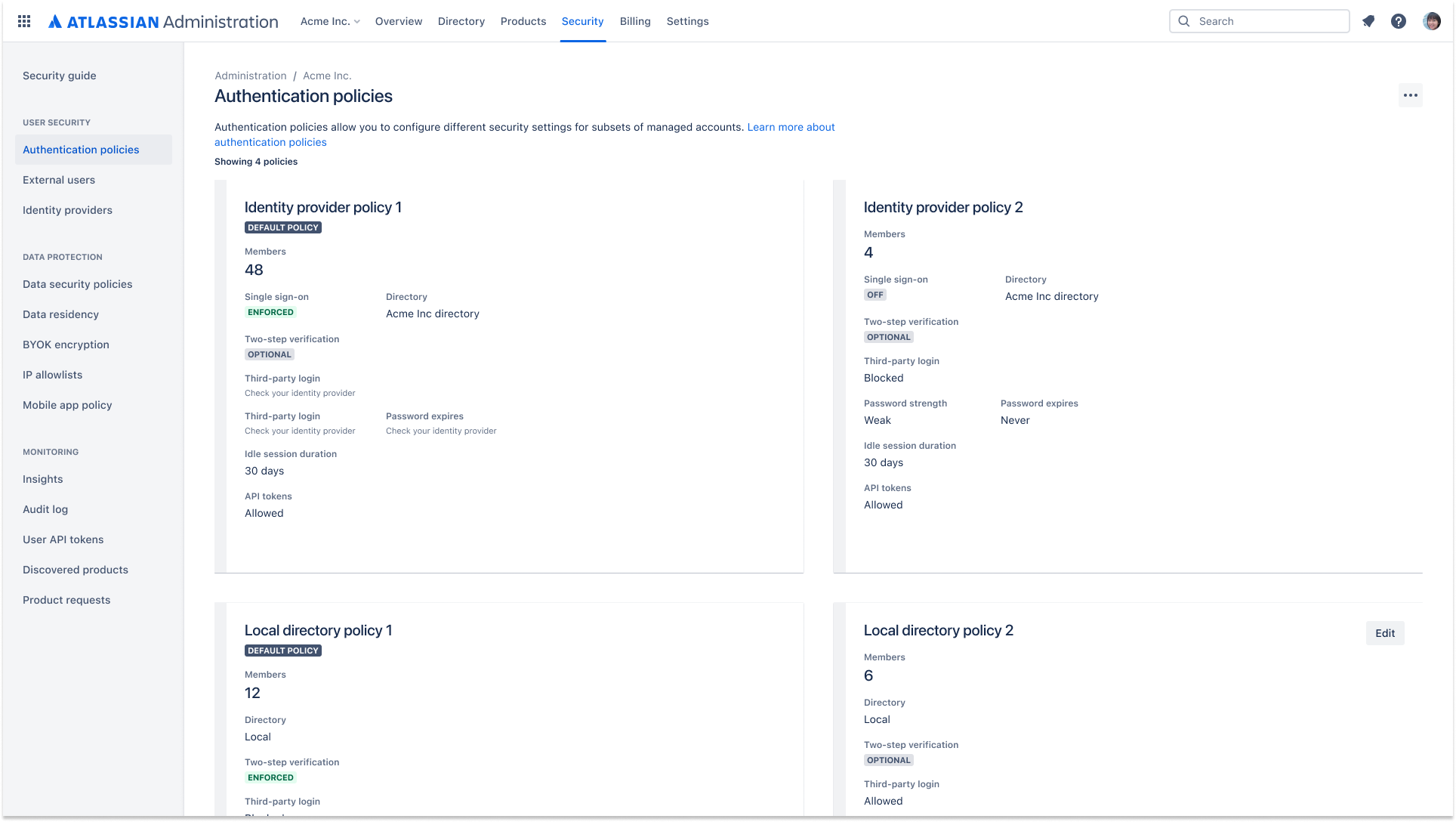 Authentication policies screen