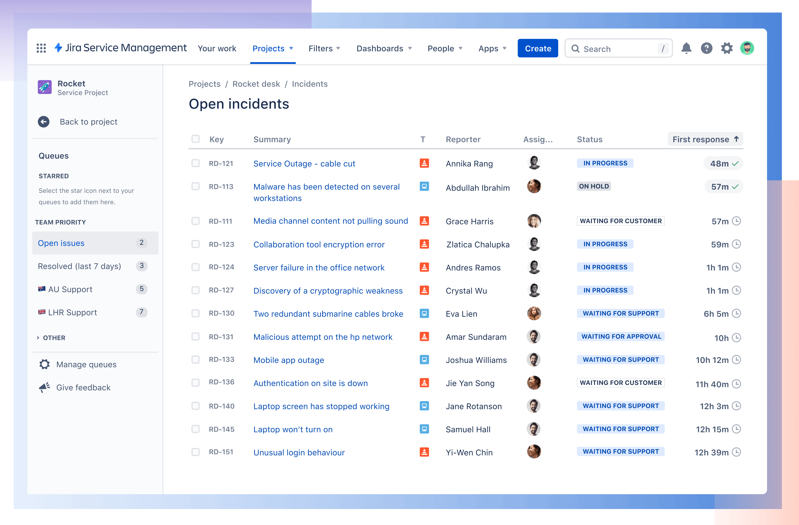 Open incidents view with linked issues from Jira in Jira Service Management